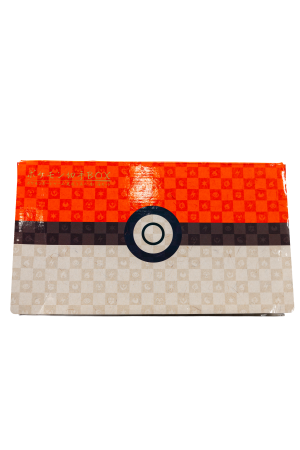 Red-orange patterned cardboard box with a large circular Poké Ball logo on the front, resembling a Pokémon card box.