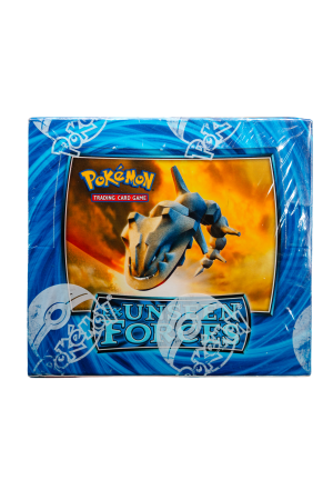 Blue Pokémon Trading Card Game box featuring an orange fiery artwork and a stylized dragon-like creature.