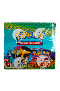 Front of a Pokémon Trading Card Game booster pack with a turquoise background and honeycomb pattern underscore