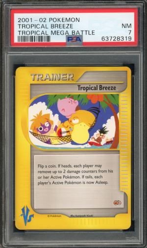 PSA-graded 2001–02 Pokémon Tropical Breeze Trainer card, showing tropical island artwork in a protective case.
