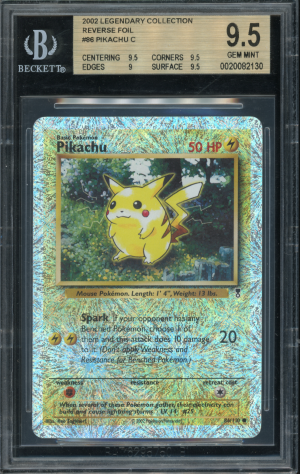 Beckett-graded 2002 Legendary Collection Pikachu reverse-foil card with 50 HP and holographic border.