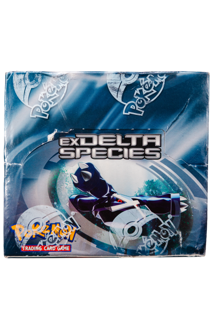 Blue Pokémon Delta Species trading card game box with 'EX DELTA SPECIES' logo and dragon artwork