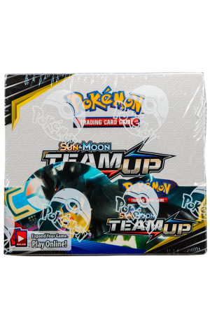 Pokémon Trading Card Game: Sun & Moon Team Up booster box packaging with colorful graphics and Pokemon logo