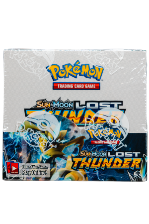 Front of a Pokémon Trading Card Game booster box with Sun & Moon Lost Thunder artwork and logo visible on a white background.
