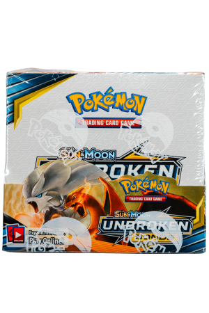Front of a sealed Pokémon Trading Card Game booster pack featuring Sun & Moon: Unbroken Bonds artwork.