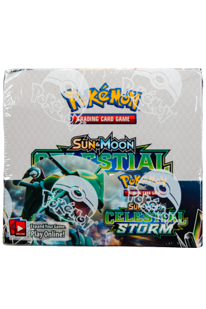 Front of a Pokémon Trading Card Game booster box featuring the Sun & Moon Celestial Storm artwork and logo(s).