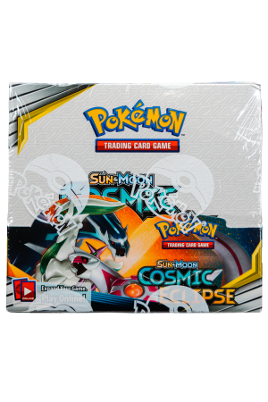 Pokemon Trading Card Game booster box featuring Sun & Moon Cosmic Eclipse artwork and branding on a white background with colorful graphics and logos